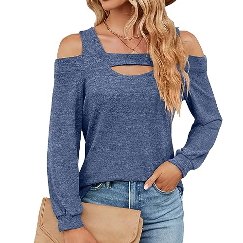 YUTILA Damen Langarmshirt Schulterfrei Sexy Cut-Out Ausschnitt Einfarbig Oberteile Freizeitkleidung von YUTILA