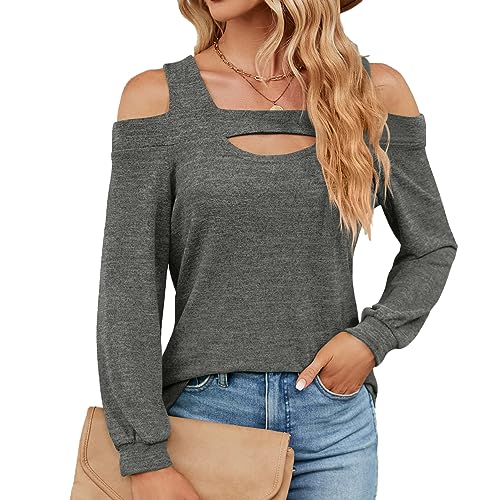 YUTILA Damen Langarmshirt Schulterfrei Sexy Cut-Out Ausschnitt Einfarbig Oberteile Freizeitkleidung von YUTILA