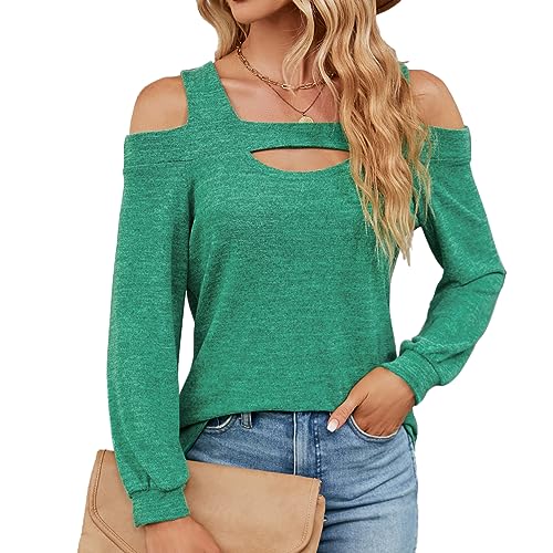 YUTILA Damen Langarmshirt Schulterfrei Sexy Cut-Out Ausschnitt Einfarbig Oberteile Freizeitkleidung von YUTILA