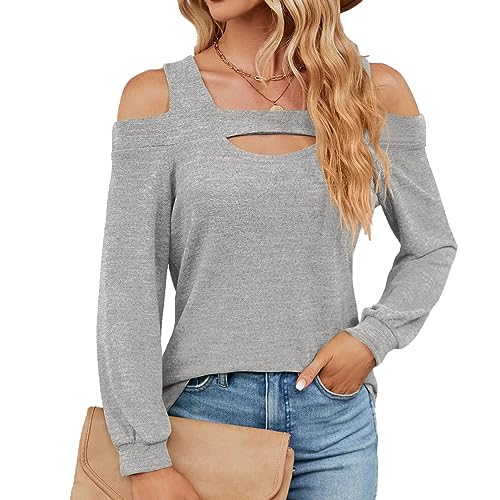 YUTILA Damen Langarmshirt Schulterfrei Sexy Cut-Out Ausschnitt Einfarbig Oberteile Freizeitkleidung von YUTILA