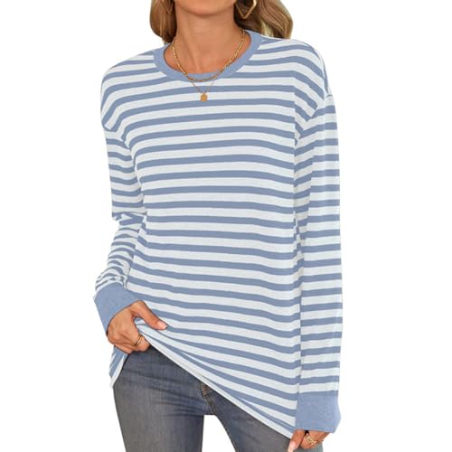 YUTILA Damen Langarmshirt Streifen Rundhals Gestreift Lässig Casual Locker Sweatshirt Oberteile von YUTILA