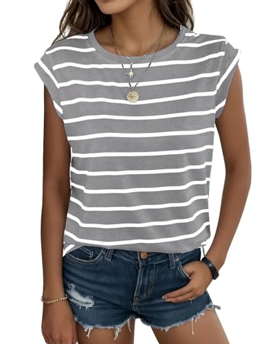 YUTILA Damen Rundhal Ausschnitt Casual Gestreift Tshirt Sommer Tops von YUTILA