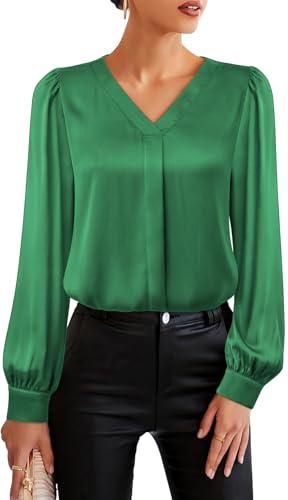 YUTILA Damen Satin Bluse mit V-Ausschnitt – Elegante Langarm Blusenshirt mit Glanz – Lockere Business Oberteile von YUTILA
