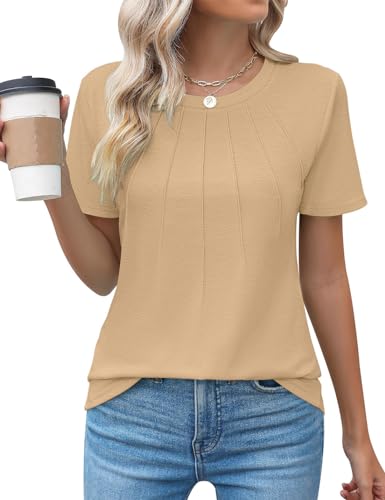 YUTILA Damen Sommer Tshirt Rundhalsausschnitt Kurzärmelig Mit Trendige Plissee Tops Einfarbig Lässige Elegante Oberteile von YUTILA