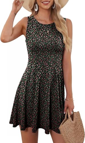 YUTILA Damen Sommerkleid – Ärmelloses Kleid mit Blumenmuster, Rundhals Leichtes Strandkleid Freizeitkleider, Perfekt für Freizeit und Urlaub von YUTILA