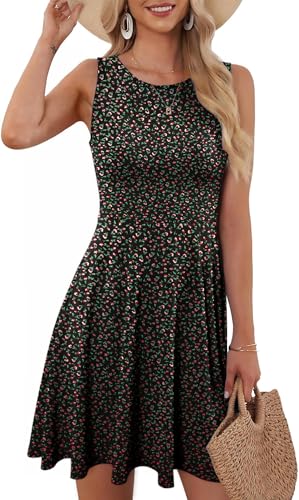 YUTILA Damen Sommerkleid – Ärmelloses Kleid mit Blumenmuster, Rundhals Leichtes Strandkleid Freizeitkleider, Perfekt für Freizeit und Urlaub von YUTILA