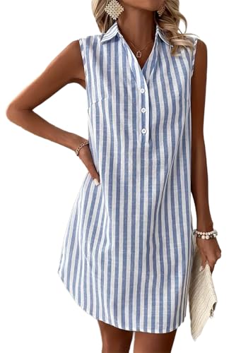 YUTILA Damen Sommerkleid Ärmelloses mit Streifen- 100% Baumwolle Hemdblusenkleid, Knopfleiste und Kragen von YUTILA
