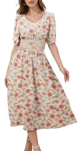 YUTILA Damen Sommerkleid Elegant Midikleid mit Blumenmuster und Schsmok-Details 100% Viscose von YUTILA