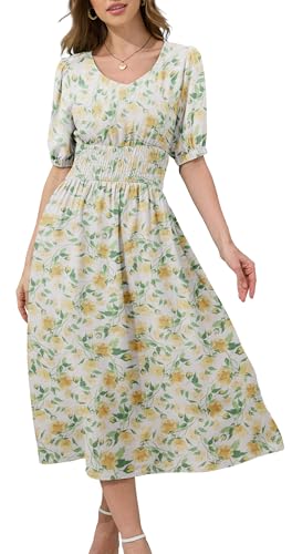 YUTILA Damen Sommerkleid Elegant Midikleid mit Blumenmuster und Schsmok-Details 100% Viscose von YUTILA