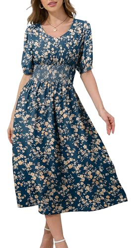 YUTILA Damen Sommerkleid Elegant Midikleid mit Blumenmuster und Schsmok-Details 100% Viscose von YUTILA
