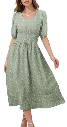 YUTILA Damen Sommerkleid Elegant Midikleid mit Blumenmuster und Schsmok-Details von YUTILA