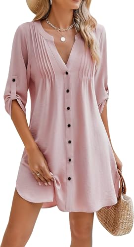 Damen Strandkleid Bikini Cover Up V-Ausschnitt Button Down Strand Bademode Strandtunika von YUTILA