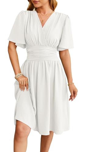 YUTILA Damen Sommerkleid V-Ausschnitt Kurzarm Elegantes Freizeitkleid mit Taillierung von YUTILA
