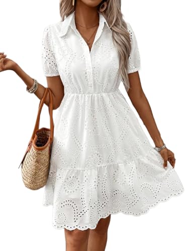 YUTILA Damen Sommerkleid aus 100% Baumwolle – Kurzarm Hemdblusenkleid mit Lochstickerei, Knopfleiste & A-Linien-Schnitt von YUTILA