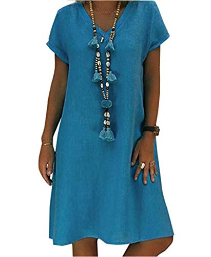 YUTILA Damen Sommerkleid für den Sommer V-Ausschnitt Casual Kleid im Boho Look,Blau,XXXL von YUTILA