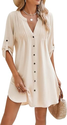 YUTILA Damen Strandkleid Bikini Cover Up V-Ausschnitt Button Down Strand Bademode Strandtunika von YUTILA