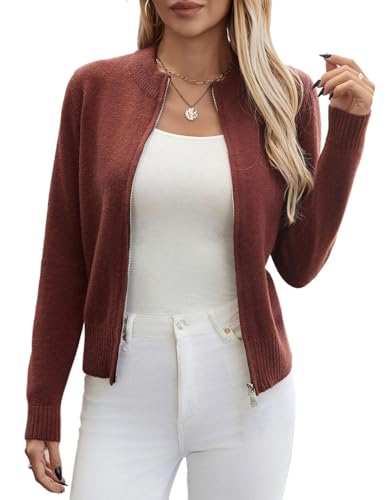 YUTILA Damen Stehkragen Strickjacke Kurz Cardigan Lässig Pullover mit Reißverschluss Eng Casual Einfarbig Freizeit Jacket von YUTILA