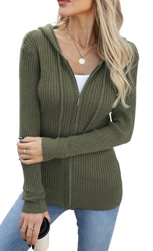 YUTILA Damen Zip Strickjacke Ribbed - Bequemer, Figurbetonter Sweatshirt Casual Sport Kapuzenpullover mit Reißverschluss von YUTILA