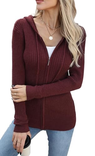 YUTILA Damen Zip Strickjacke Ribbed - Bequemer, Figurbetonter Sweatshirt Casual Sport Kapuzenpullover mit Reißverschluss von YUTILA