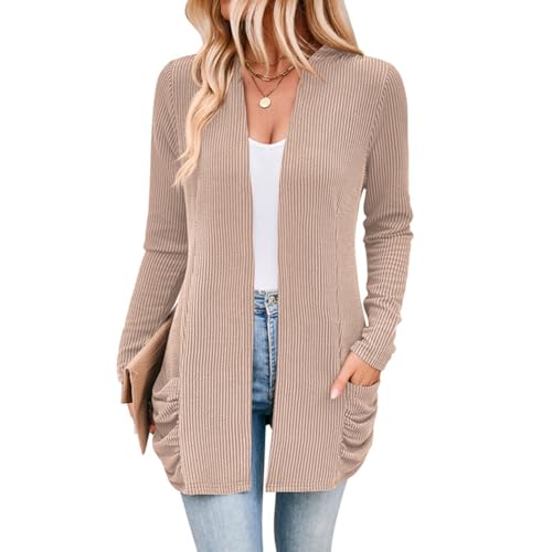 YUTILA Damen Strickjacken Vorne Offen Langarm Gerippt Cardigan Gestrickt Elegant Lässig mit Taschen von YUTILA