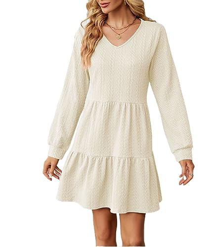 YUTILA Damen Strickkleider Langarm Herbst Winter Pulloverkleid V Ausschnitt Einfarbig Gestuftes Rüschen Freizeitkleider von YUTILA