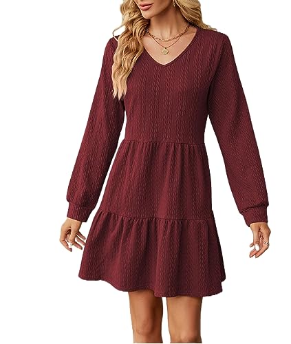 YUTILA Damen Strickkleider Langarm Herbst Winter Pulloverkleid V Ausschnitt Einfarbig Gestuftes Rüschen Freizeitkleider von YUTILA