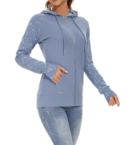 YUTILA Damen Sweatjacke Zip Hoodie Blumen Drucken Jacke Kapuzenjacke Kapuzenpullover Sportjacke mit Tasche von YUTILA
