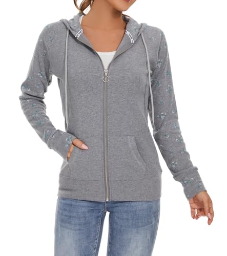 YUTILA Damen Sweatjacke Zip Hoodie Blumen Drucken Jacke Kapuzenjacke Kapuzenpullover Sportjacke mit Tasche von YUTILA