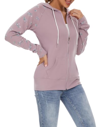YUTILA Damen Sweatjacke Zip Hoodie Blumen Drucken Jacke Kapuzenjacke Kapuzenpullover Sportjacke mit Tasche von YUTILA