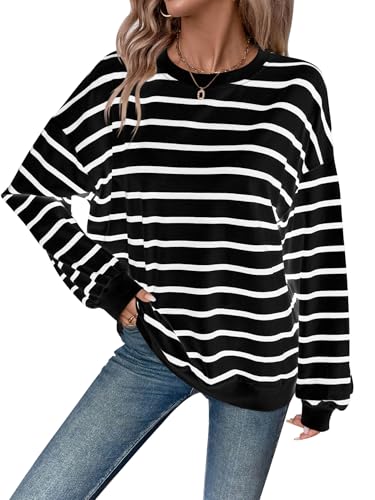 YUTILA Damen Sweatshirt Gestreift Rundhals Langarmshirt Lässig Casual Locker Oversized Pullover Pulli von YUTILA