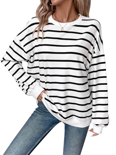 YUTILA Damen Sweatshirt Gestreift Rundhals Langarmshirt Lässig Casual Locker Oversized Pullover Pulli von YUTILA