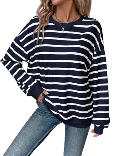 YUTILA Damen Sweatshirt Gestreifter Rundhals Langärmelig Lässig Pullover Stripe Casual Lockere Oversized Langarmshirt Pulli Oberteil von YUTILA