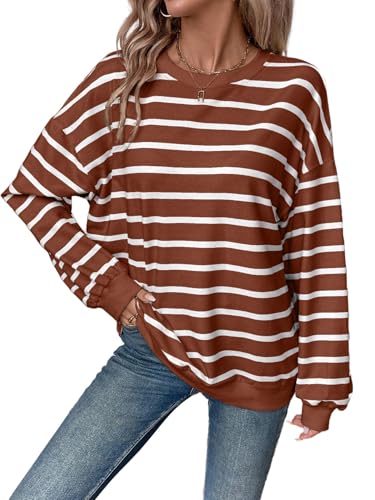 YUTILA Damen Sweatshirt Gestreifter Rundhals Langärmelig Lässig Pullover Stripe Casual Lockere Oversized Langarmshirt Pulli Oberteil von YUTILA