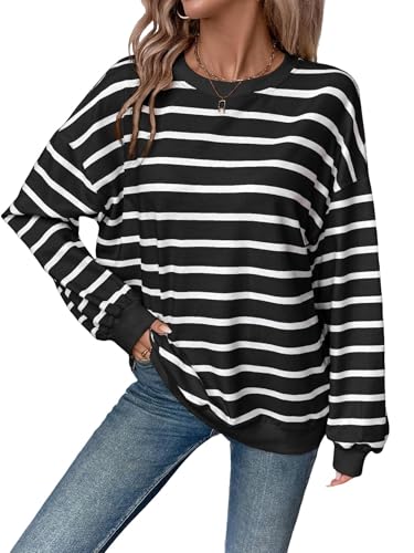 YUTILA Damen Sweatshirt Gestreifter Rundhals Langärmelig Lässig Pullover Stripe Casual Lockere Oversized Langarmshirt Pulli Oberteil von YUTILA