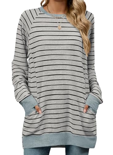 YUTILA Damen Sweatshirt Pullover Gestreiftes Rundhalsausschnitt Longshirt Langarmshirt Lässige mit Tasche für Frühling Übergangszeit von YUTILA