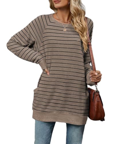 YUTILA Damen Pullover Rundhals Gestreift/Einfarbig Lässig Langarm Strickpullover Longshirt Tunika mit Taschen von YUTILA