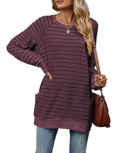 YUTILA Damen Pullover Rundhals Gestreift/Einfarbig Lässig Langarm Strickpullover Longshirt Tunika mit Taschen von YUTILA