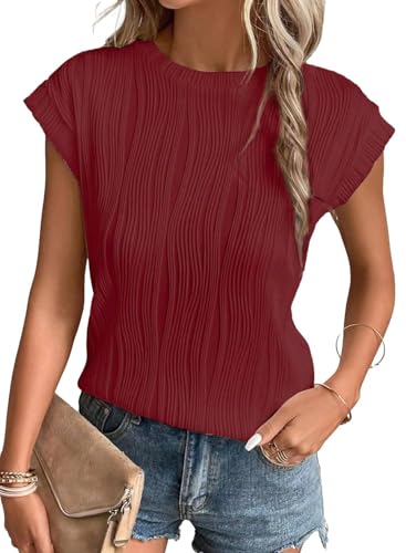 YUTILA Damen T-Shirt Sommer Flügelärmeln Kurzarm Rundhals Bluse Ärmellose Einfarbig Casual Tunika Oberteile von YUTILA