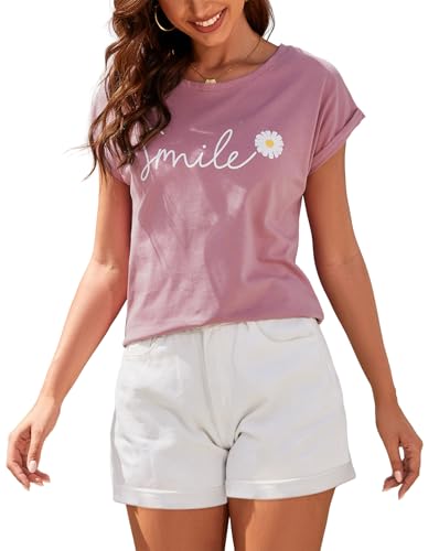 YUTILA Damen T-Shirt mit Modischer Grafik Frontdruck Smile– Kurzarm, Rundhals, Sommer-Style, Baumwolle, Größen S–XXL von YUTILA