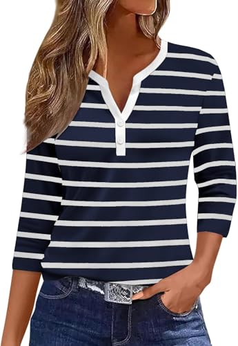 YUTILA Damen T-Shirts Gestreiftes 3/4 Ärmel V Ausschnitt Oberteile Baumwolle Langarmshirt Basic Lässige Streetwear Henley Shirt von YUTILA