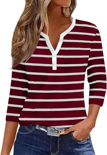 YUTILA Damen T-Shirts Gestreiftes 3/4 Ärmel V Ausschnitt Oberteile Baumwolle Langarmshirt Basic Lässige Streetwear Henley Shirt von YUTILA