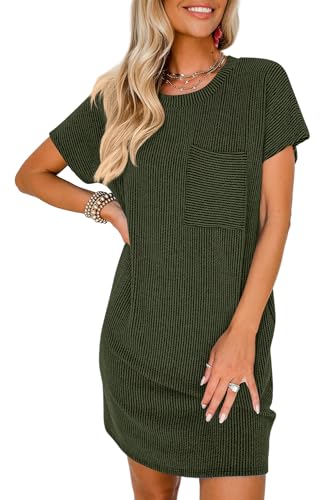 YUTILA Sommer Kurzarm Shirtkleider Rundals Mini Lockere Rib Knit Bequeme Sommerkleid Strandkleid Freizeitkleider mit Brusttasche von YUTILA
