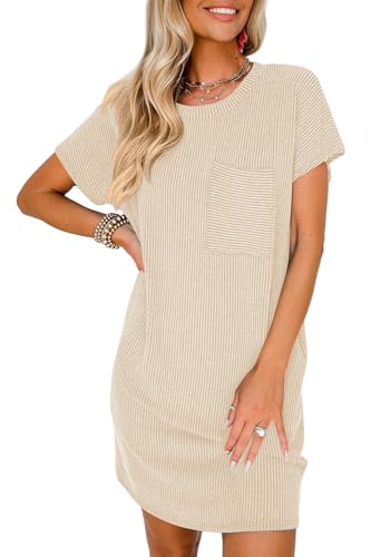 YUTILA Sommer Kurzarm Shirtkleider Rundals Mini Lockere Rib Knit Bequeme Sommerkleid Strandkleid Freizeitkleider mit Brusttasche von YUTILA