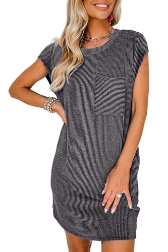 YUTILA Sommer Kurzarm Shirtkleider Rundals Mini Lockere Rib Knit Bequeme Sommerkleid Strandkleid Freizeitkleider mit Brusttasche von YUTILA