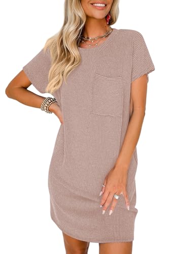 YUTILA Sommer Kurzarm Shirtkleider Rundals Mini Lockere Rib Knit Bequeme Sommerkleid Strandkleid Freizeitkleider mit Brusttasche von YUTILA