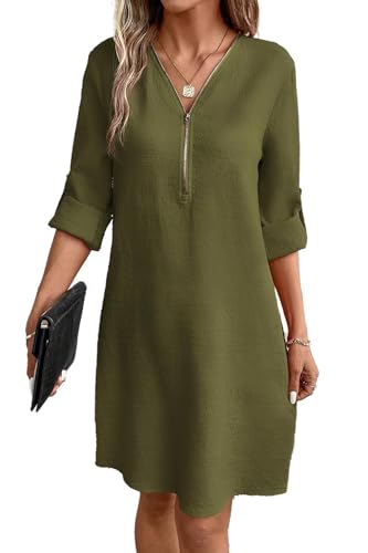 YUTILA Damen V-Ausschnitt Hemdblusenkleid 3/4 arm Knielang Einfarbig Casual a Linien Herbst Freizeitkleider mit Taschen YUTILA Damen V-Ausschnitt Hemdblusenkleid 3/4 arm Knielang Einfarbig Casual a Linien Herbst Freizeitkleider mit Taschen von YUTILA
