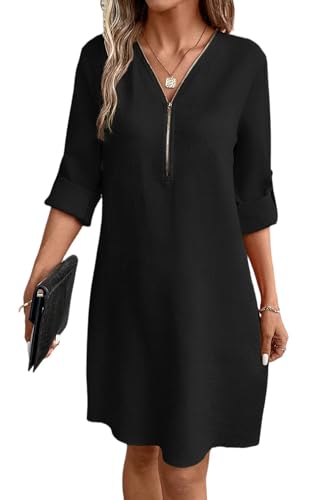 YUTILA Damen V-Ausschnitt Hemdblusenkleid 3/4 arm Knielang Einfarbig Casual a Linien Herbst Freizeitkleider mit Taschen YUTILA Damen V-Ausschnitt Hemdblusenkleid 3/4 arm Knielang Einfarbig Casual a Linien Herbst Freizeitkleider mit Taschen von YUTILA