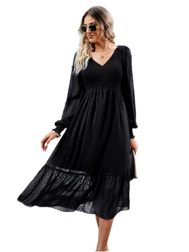 YUTILA Damen Wadenlang Abendkleider Elegant V-Ausschnitt Cocktailkleid Tunika Freizeit Kleid Puffärmel Lange Ärmel von YUTILA