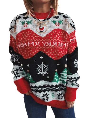 YUTILA Damen Pullover Rundhals Langarm mit Blumenmuster Strickpullover Weihnachtspullover Warm Pullis von YUTILA