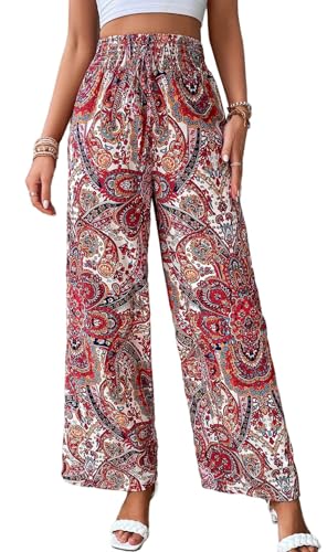 YUTILA Damen Weite Hosen Sommer Boho Strandhose Leichte und Luftige High Waist Freizeithose Casual, Lockere,Muster,Boho,Strandhose mit Kordelzug und Taschen von YUTILA